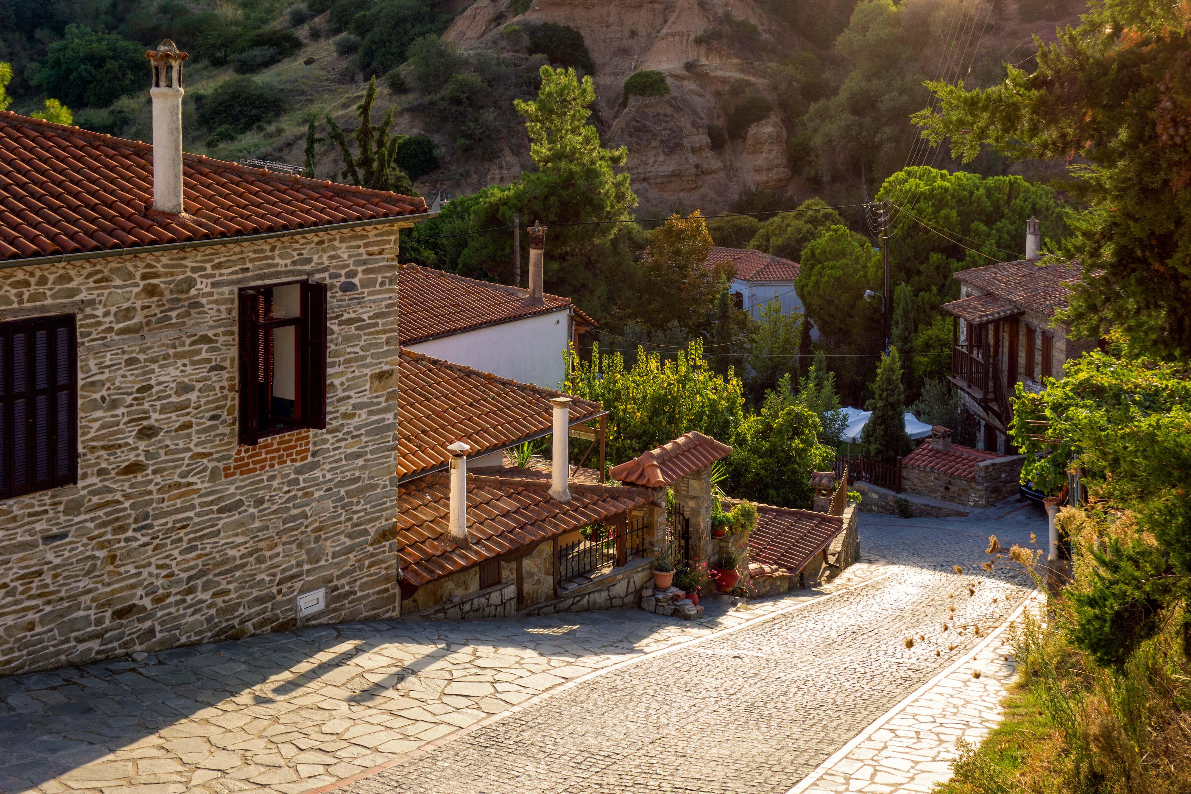 September 17th 2017 - Nikiti, Sithonia, Greece - Street and architecture in the old Nikiti village, Sithonia, Chalkidiki, Greece